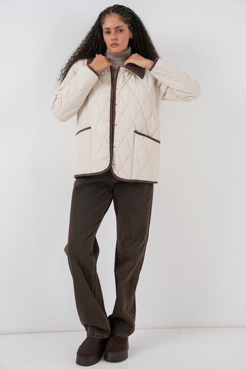 Kadın Kapitone Oversize Mont 5226 - Ekru Kahve