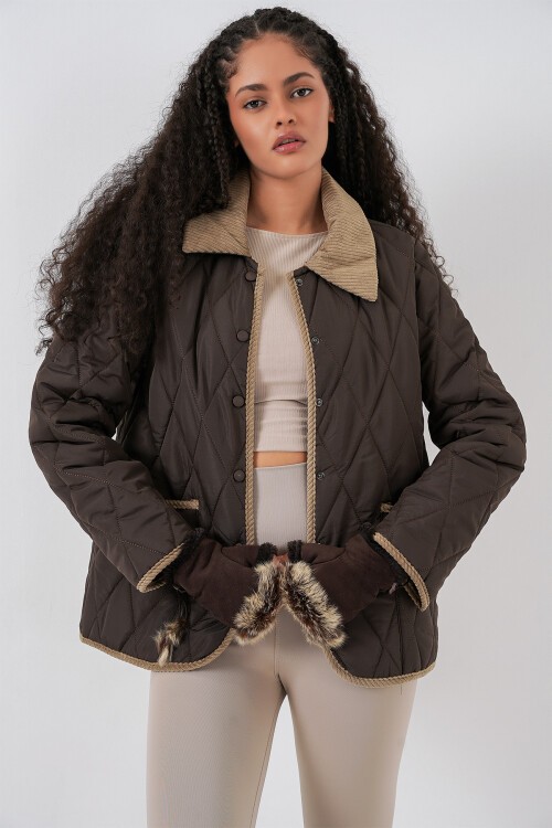 Kadın Kapitone Oversize Mont 5226 - Kahve Bej