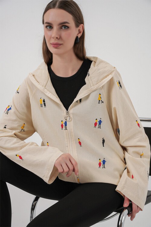 Kadın Kapüşonlu Desenli Keten Ceket 0736 - Ekru