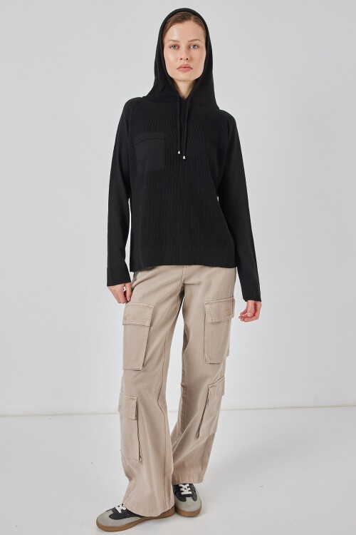 Kadın Kapüşonlu Triko Kazak 15941 - Siyah