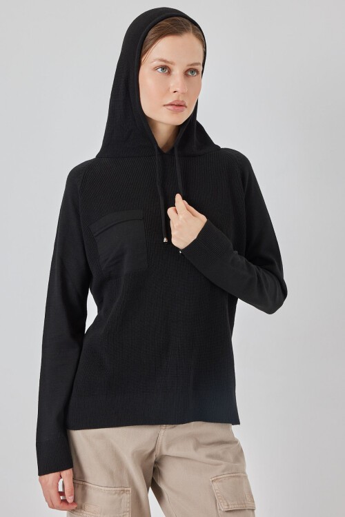Kadın Kapüşonlu Triko Kazak 15941 - Siyah