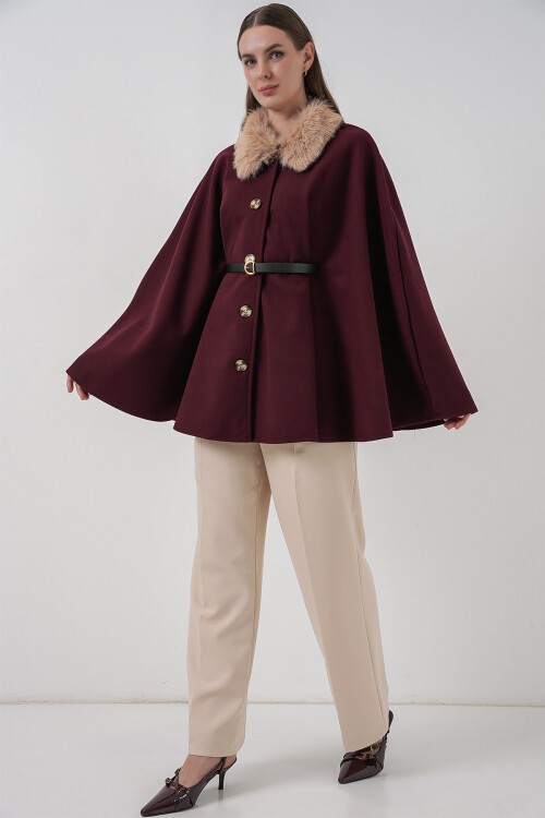 Kadın Kemerli Kaşe Panço 9165 - Bordo