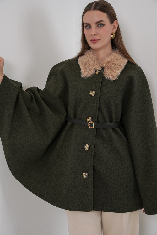 Kadın Kemerli Kaşe Panço 9165 - Haki