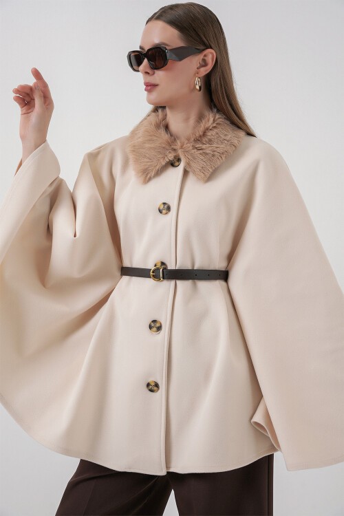 Kadın Kemerli Kaşe Panço 9165 - Krem