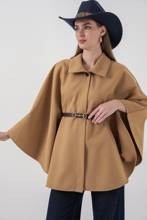 Kadın Kemerli Kaşe Panço 9170 - Bisküvi