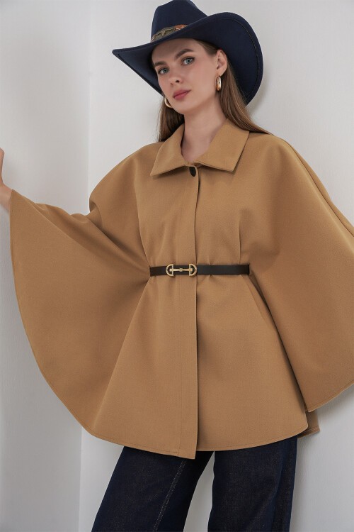 Kadın Kemerli Kaşe Panço 9170 - Bisküvi