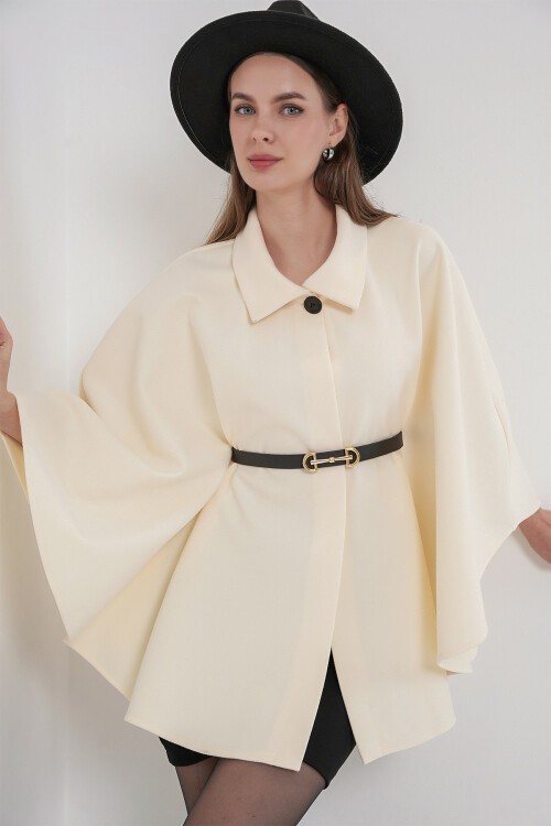 Kadın Kemerli Kaşe Panço 9170 - Ekru