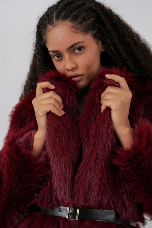Kadın Kemerli Oversize Kürklü Kaban 9156 - Bordo