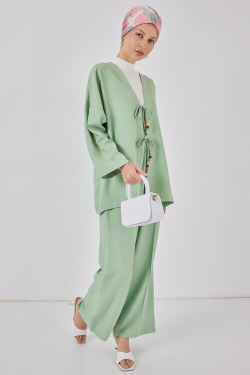 Kadın Keten Kimono İkili Takım 6727 - E.Yeşil