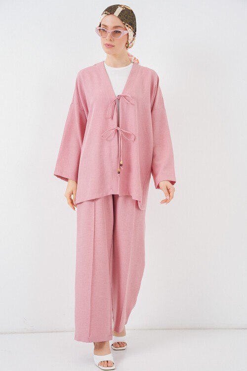 Kadın Keten Kimono İkili Takım 6727 - Gül Kurusu