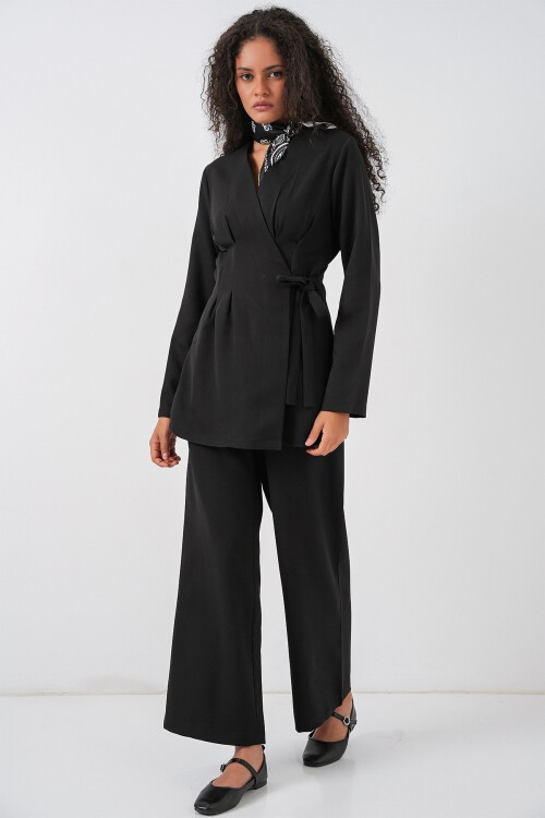 Kadın Kimono Pantolon Kumaş Takım 30054 - Siyah