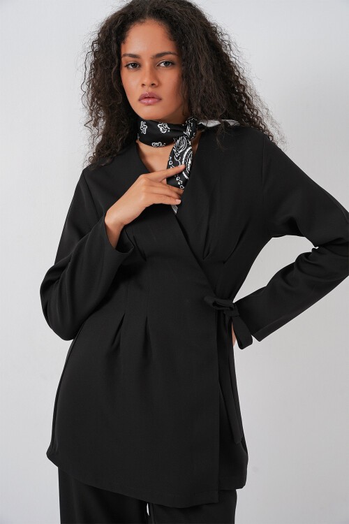 Kadın Kimono Pantolon Kumaş Takım 30054 - Siyah