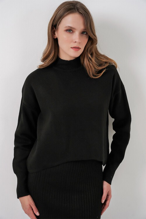 Kadın Kısa Kazaklı Triko Elbise 15958 - Siyah