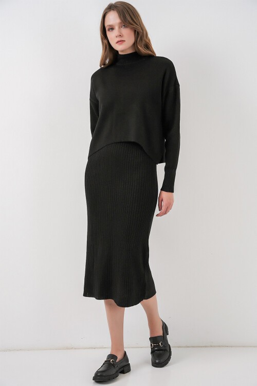 Kadın Kısa Kazaklı Triko Elbise 15958 - Siyah