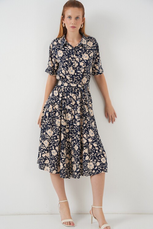 Kadın Kısa Kol Desenli Elbise 2560 - Lacivert