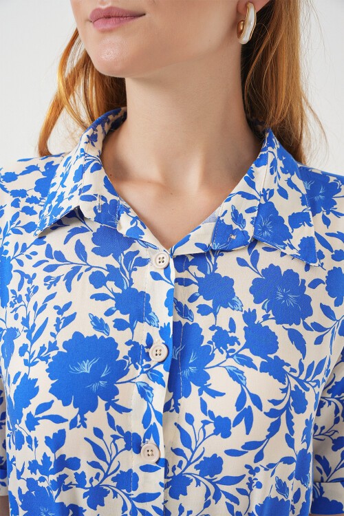 Kadın Kısa Kol Desenli Elbise 2560 - Saks