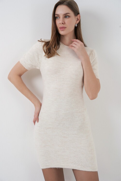 Kadın Kısa Kol Triko Elbise 15950 - Krem
