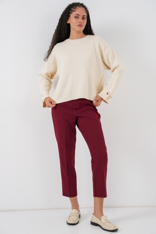 Kadın Kol Düğmeli Oversize Triko Kazak 15981 - Ekru