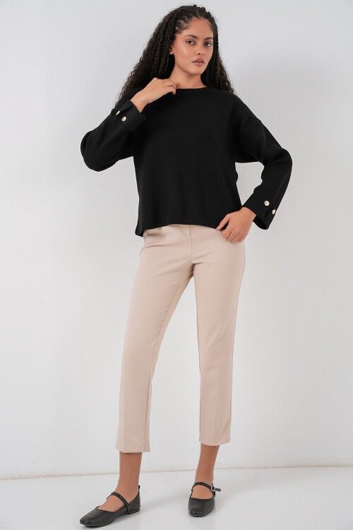 Kadın Kol Düğmeli Oversize Triko Kazak 15981 - Siyah