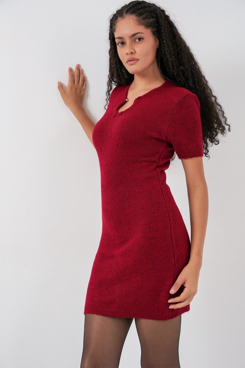 Kadın Kolye Detaylı Triko Elbise 15989 - Bordo