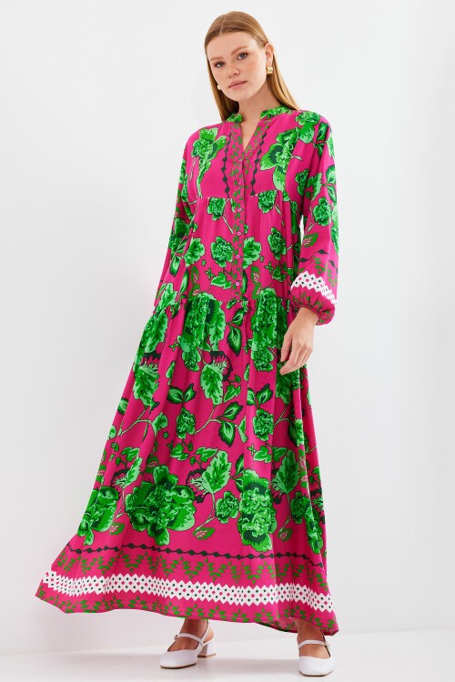 Kadın Koyu Pembe Yeşil Viskon Tesettür Elbise 2423