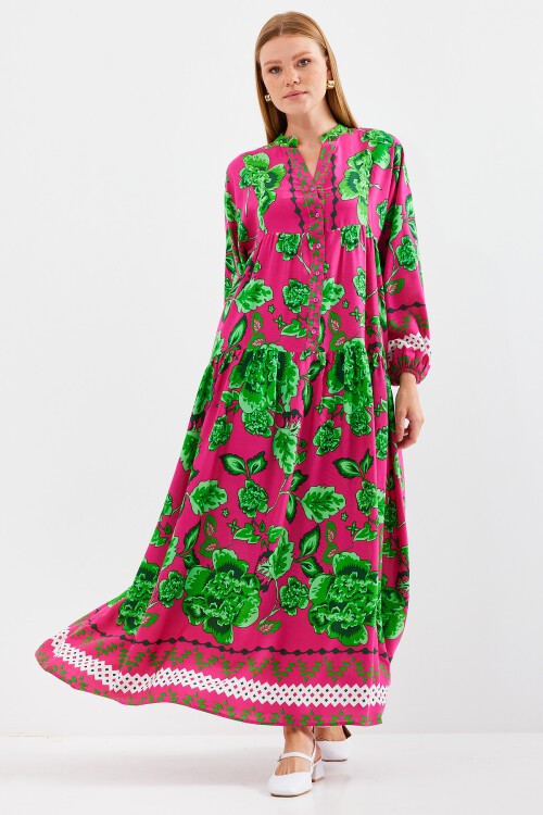 Kadın Koyu Pembe Yeşil Viskon Tesettür Elbise 2423