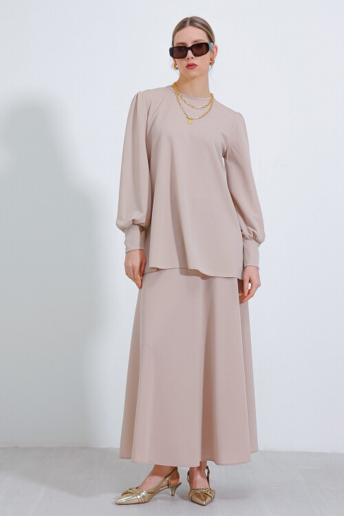 Kadın Krem Örme Etek Tunik Alt Üst Takım 8014