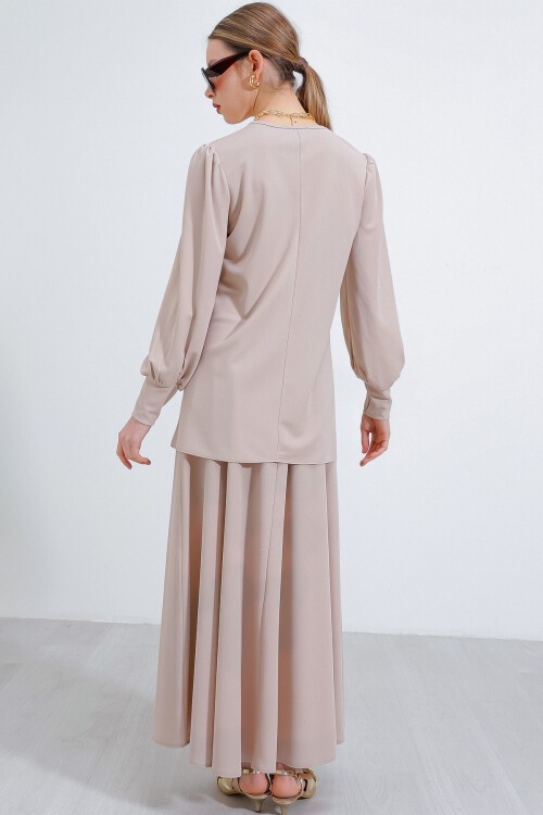 Kadın Krem Örme Etek Tunik Alt Üst Takım 8014