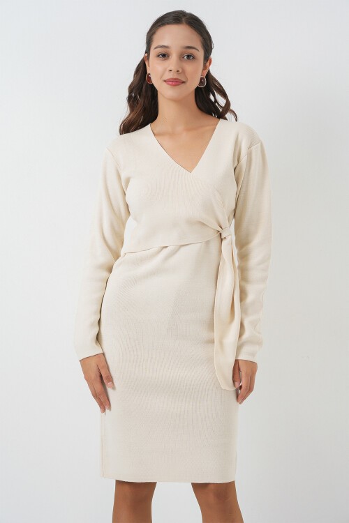 Kadın Kruvaze Yaka Triko Elbise 15928 - Ekru