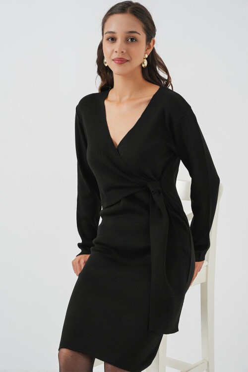 Kadın Kruvaze Yaka Triko Elbise 15928 - Siyah