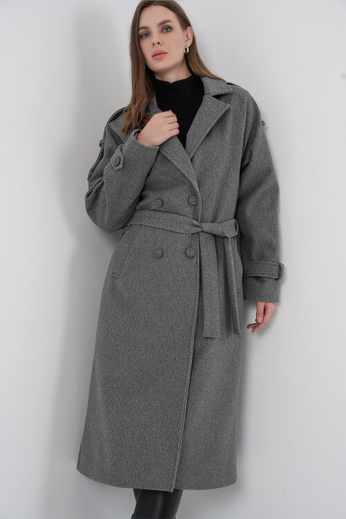 Kadın Kuşaklı Kaşe Kaban 9161 - Gri