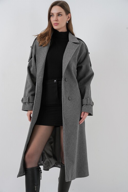 Kadın Kuşaklı Kaşe Kaban 9161 - Gri