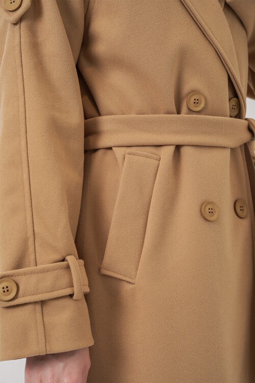 Kadın Kuşaklı Kaşe Kaban 9161 - Hardal