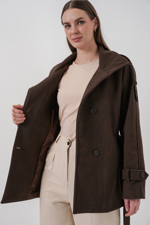 Kadın Kuşaklı Kaşe Kaban 9162 - A.Kahve