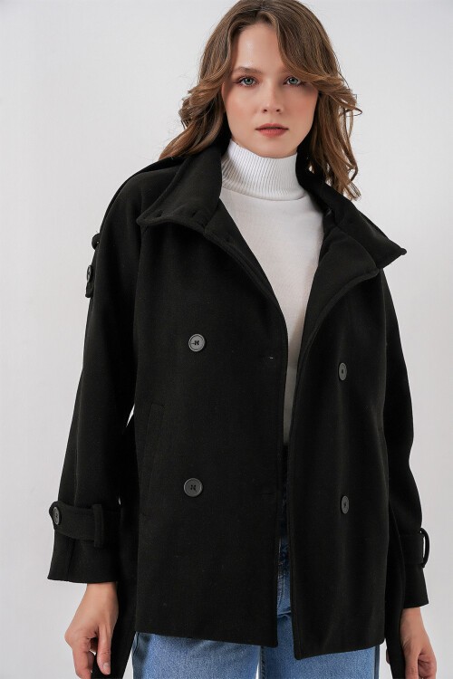 Kadın Kuşaklı Kaşe Kaban 9162 - Siyah