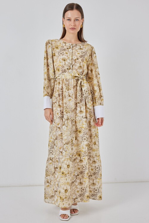 Kadın Kuşaklı Uzun Elbise 2584 - B.Sarı