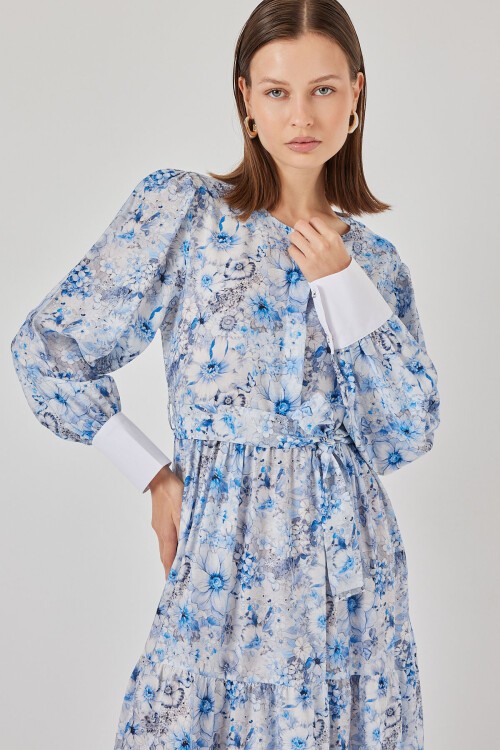 Kadın Kuşaklı Uzun Elbise 2584 - Mavi