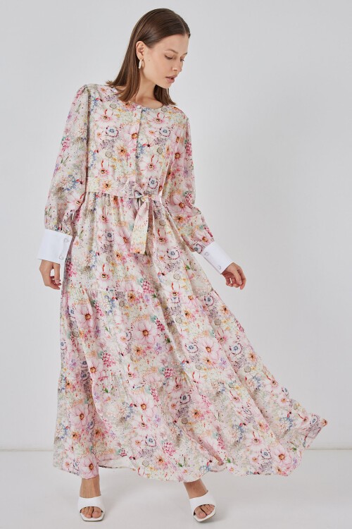 Kadın Kuşaklı Uzun Elbise 2584 - Pembe