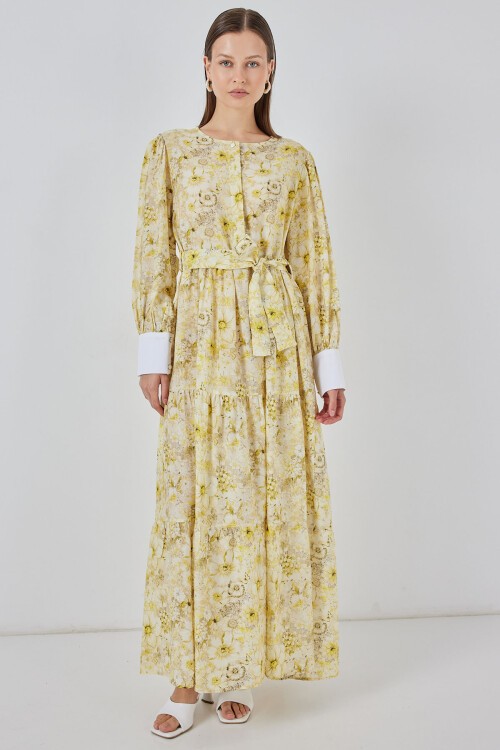 Kadın Kuşaklı Uzun Elbise 2584 - Sarı