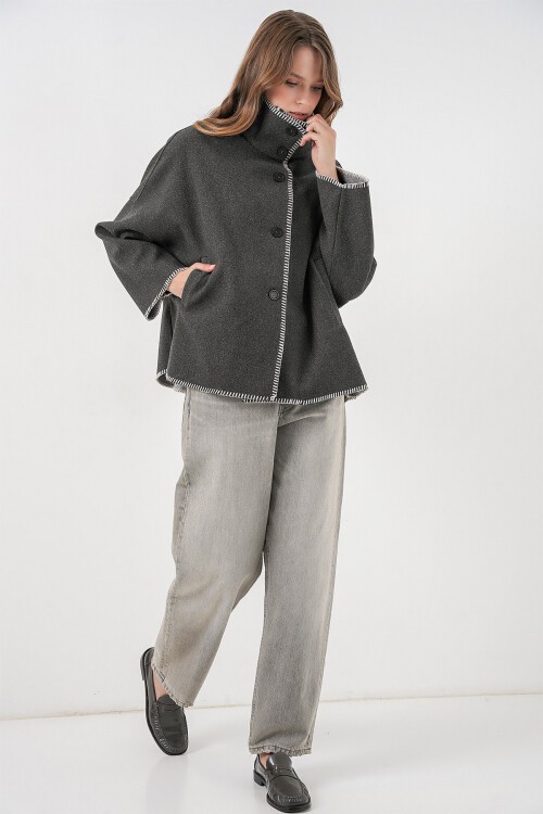 Kadın Nakışlı Kaşe Ceket 9167 - Antrasit