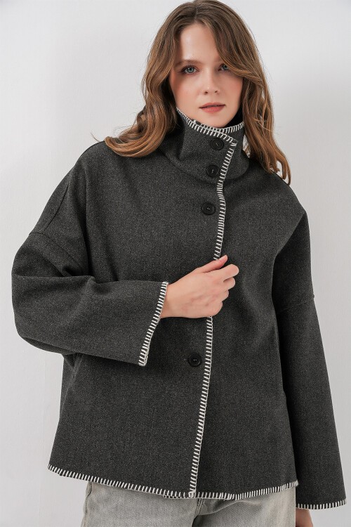 Kadın Nakışlı Kaşe Ceket 9167 - Antrasit