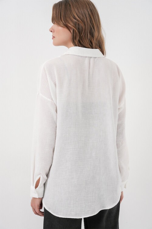 Kadın Nakışlı Oversize Gömlek 20338 - Beyaz