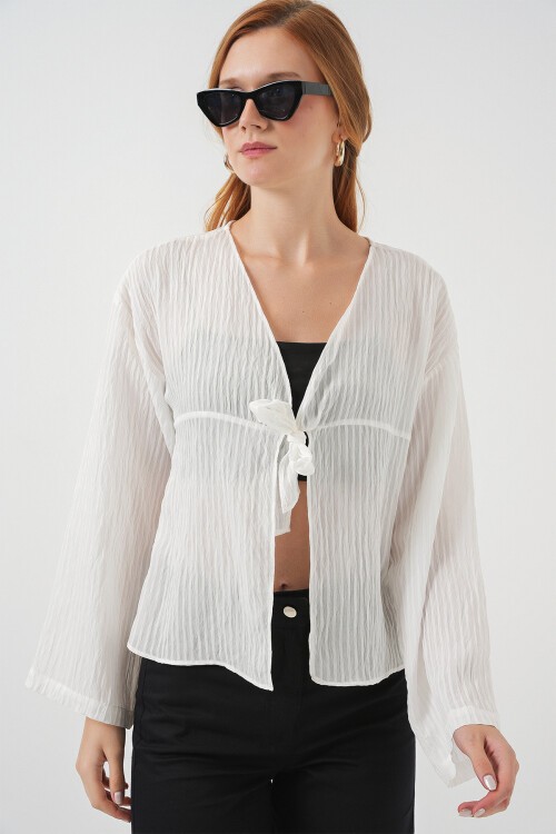 Kadın Önü Bağcıklı Bluz 952 - Beyaz