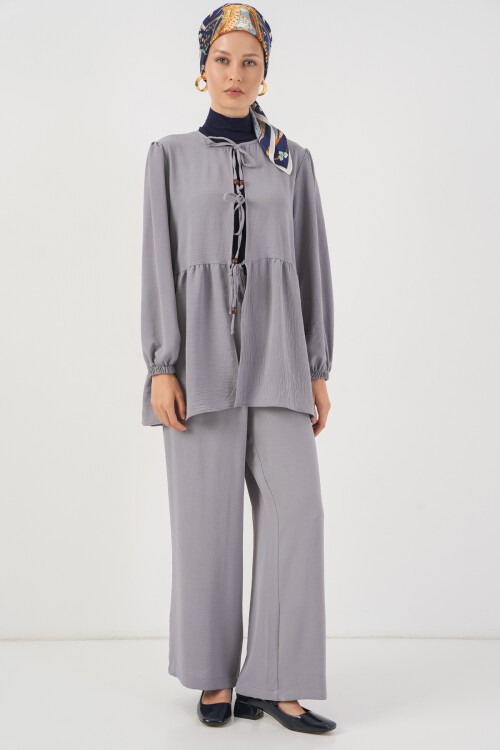 Kadın Önü Bağcıklı Tunik Pantolon İkili Takım 6744 - Gri