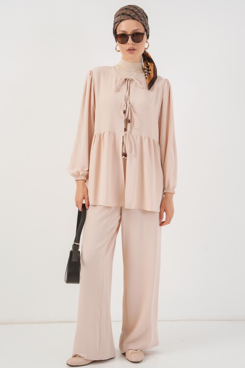 Kadın Önü Bağcıklı Tunik Pantolon İkili Takım 6744 - Krem