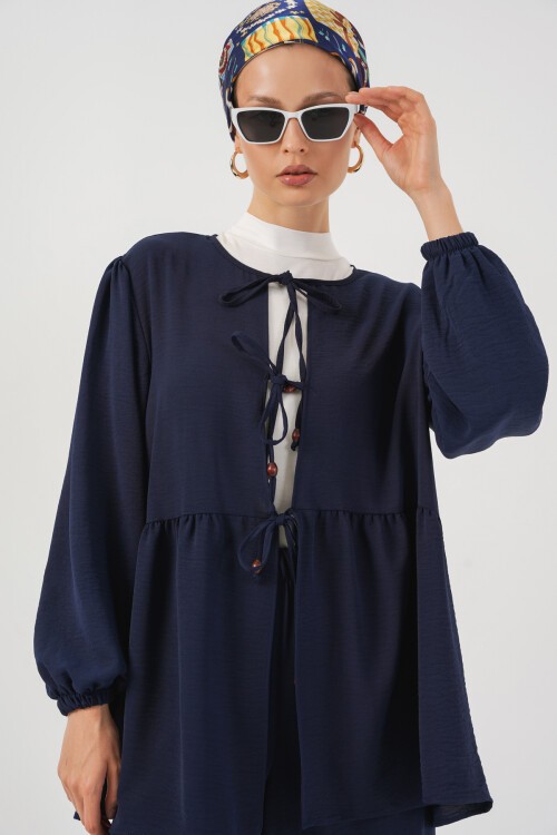 Kadın Önü Bağcıklı Tunik Pantolon İkili Takım 6744 - Lacivert