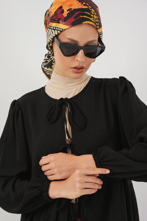 Kadın Önü Bağcıklı Tunik Pantolon İkili Takım 6744 - Siyah