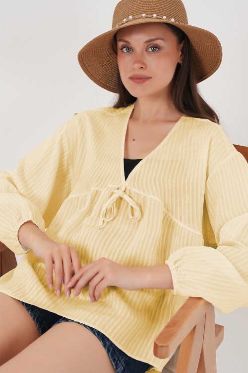 Kadın Önü Bağcıklı Uzun Kol Bluz 946 - Sarı