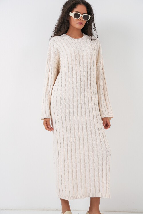 Kadın Örgülü Uzun Tiko Elbise 15944 - Ekru