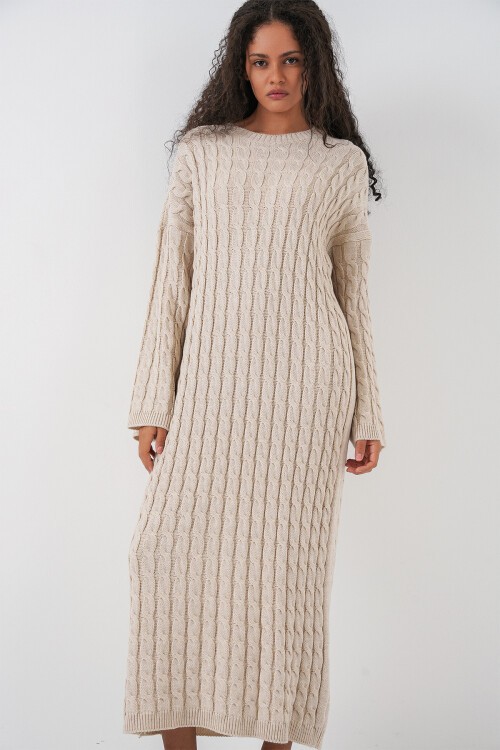 Kadın Örgülü Uzun Tiko Elbise 15944 - Krem